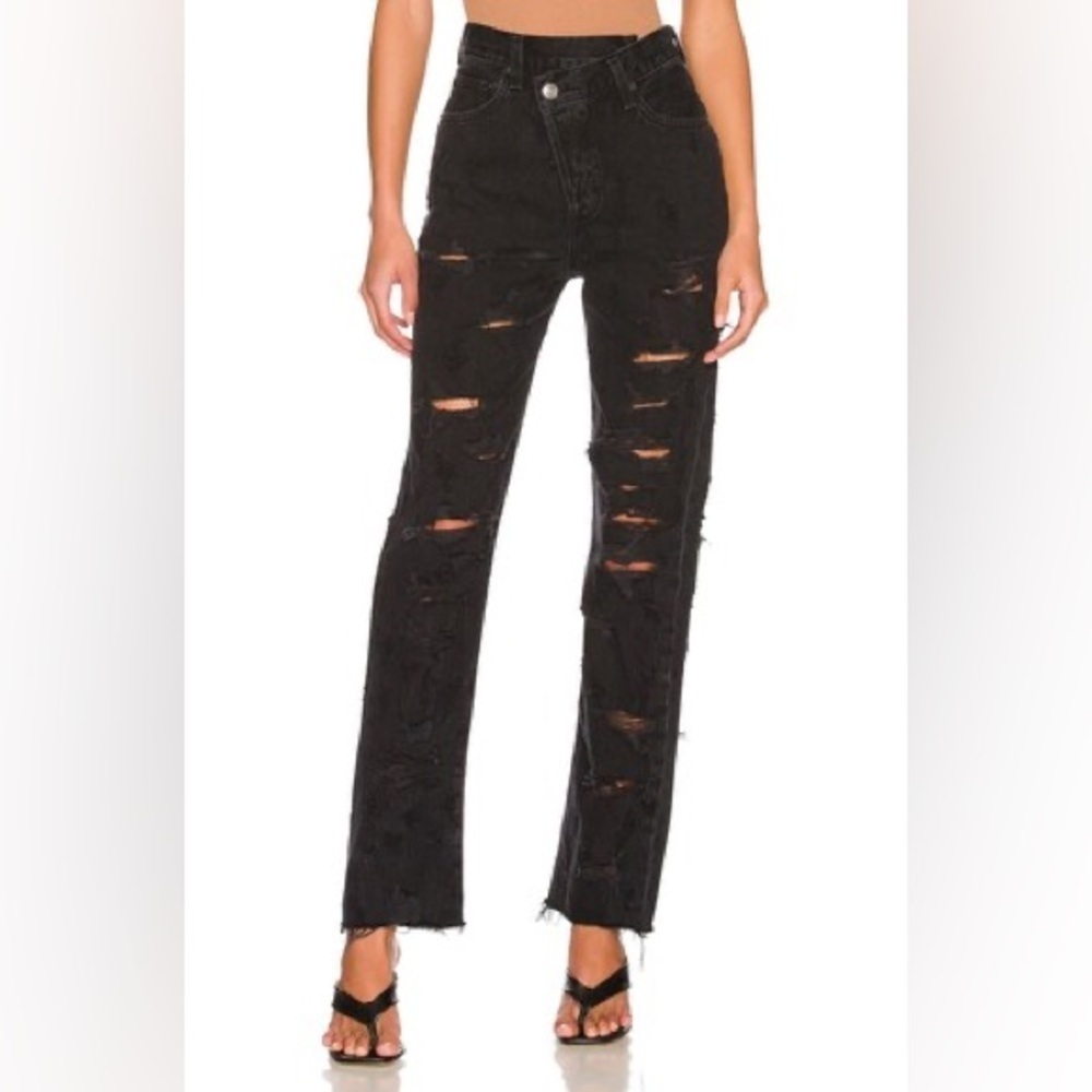 AGOLDE Feverish Black Distressed High Rise Criss Cross Straight Leg Jeans NWT 27